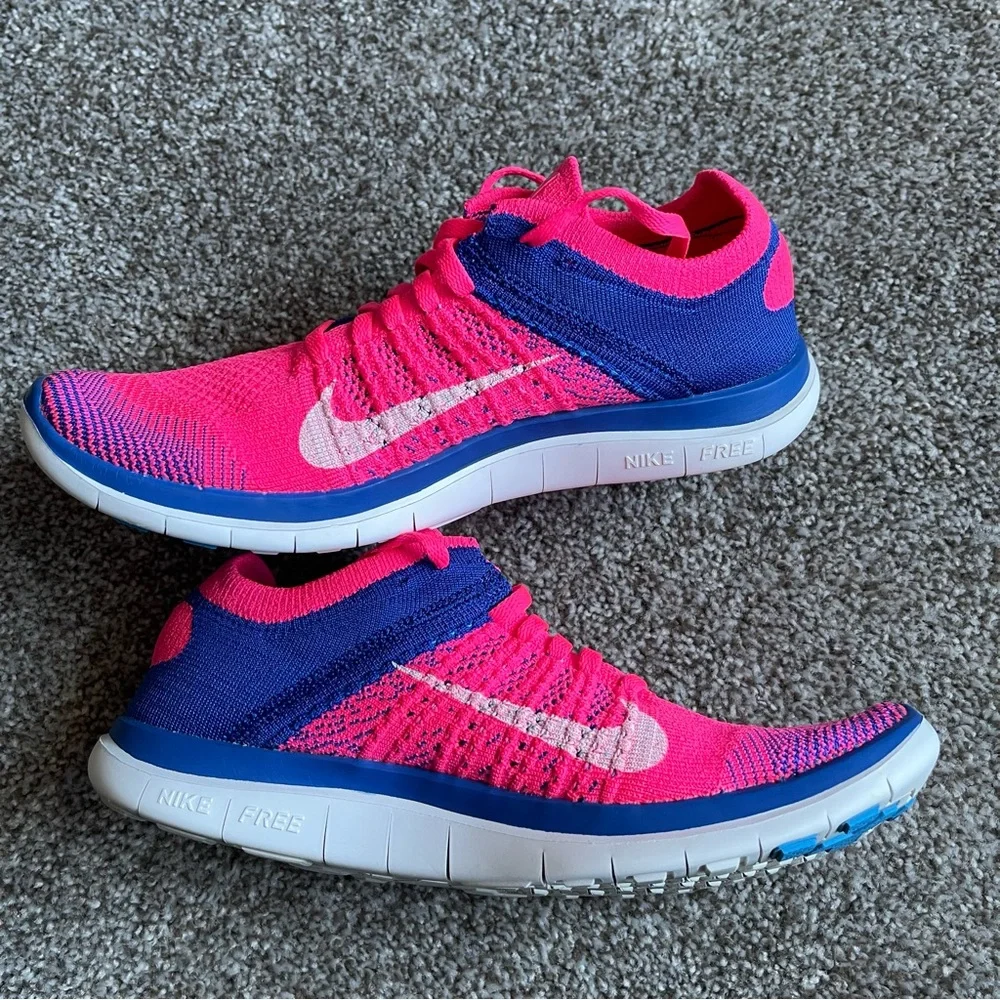 RARE Nike Free 4.0 Flyknit Sz 8.5 In Pink Flash/White-Game Royal - Picture 9 of 12